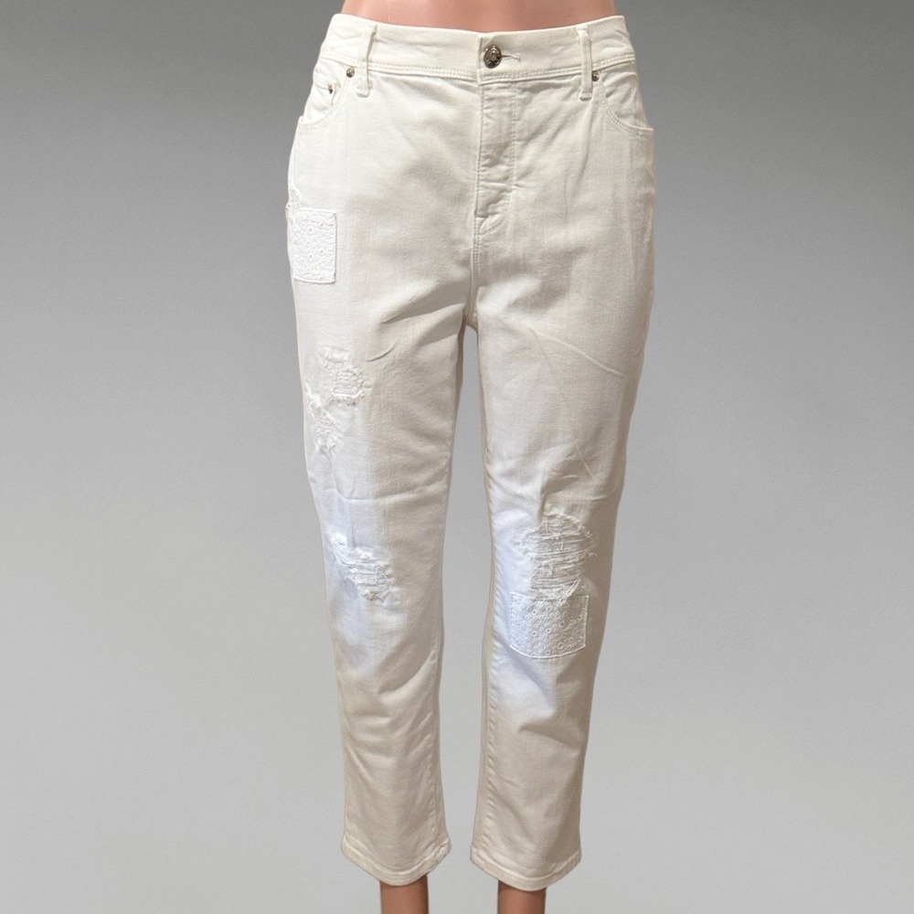 Chicos So Slimming Girlfriend Crop White Distressed Lace Patch Jeans Size 27